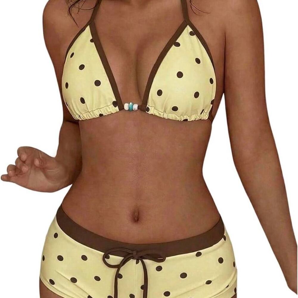 Yellow with brown polka dot bikini shorts and top